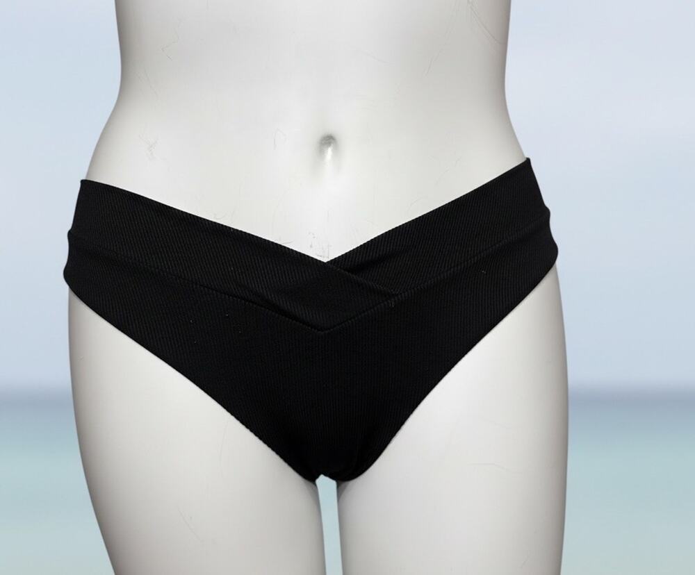 SherryDC Black Crossover Bikini Bottoms Ribbed High Waisted V-Cut Size XL